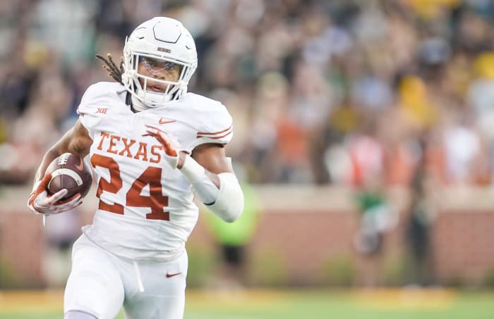 Texas running back Jonathon Brooks (24) breaks out from the back field to run in the end zone for the first score of the in the first quarter against Baylor of an NCAA college football game, Saturday, Sept. 23, 2023, in Waco, Texas.